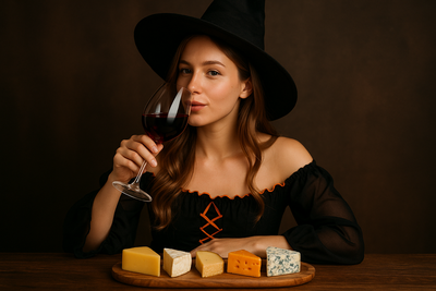 A beautiful woman with Russian features wearing a Halloween costume but no face makeup, drinking wine with 5 different types of cheese arranged in front of her, ending with blue cheese as the final cheese in the arrangement